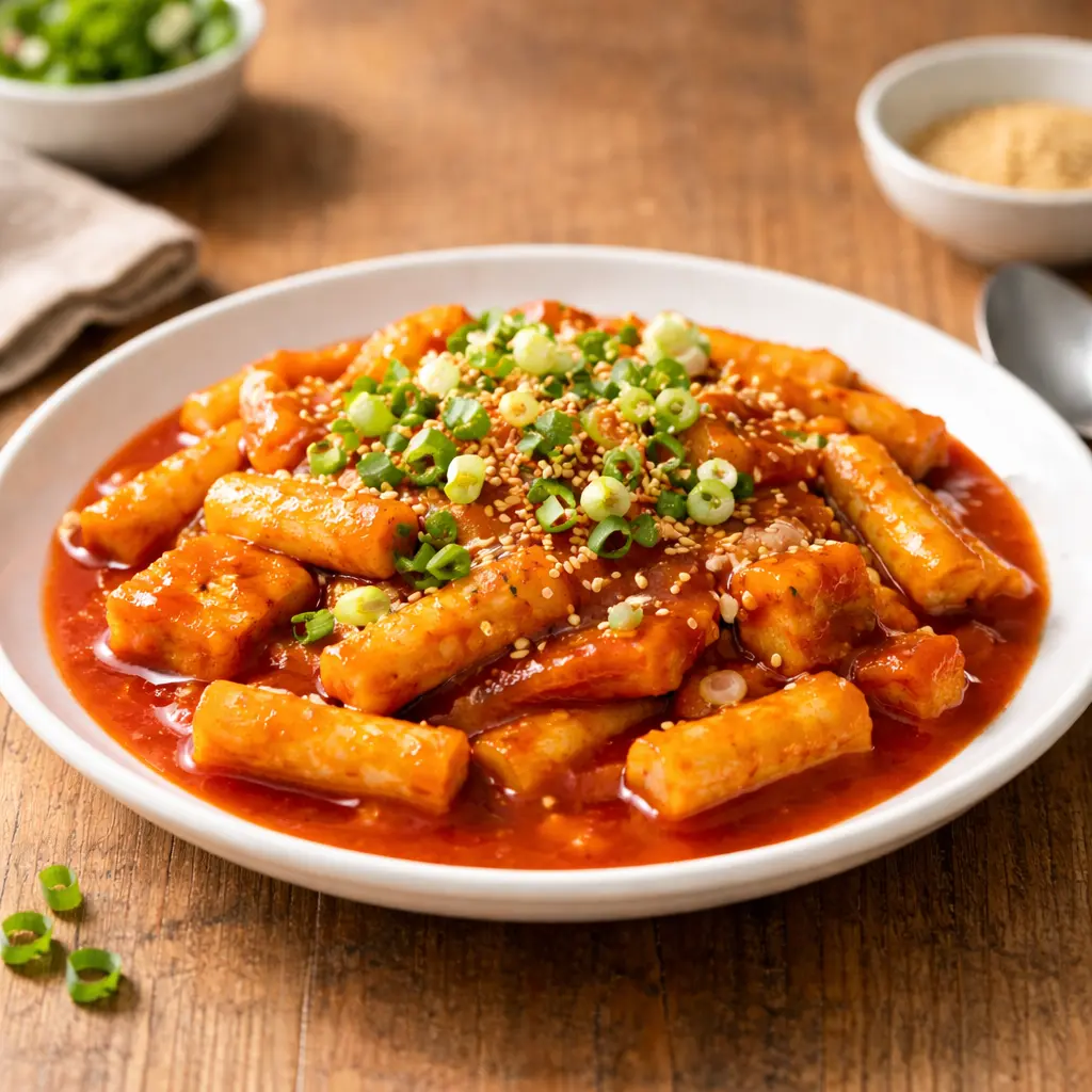 접시에 담은 떡볶이에 대파와 통깨를 올린 플레이팅