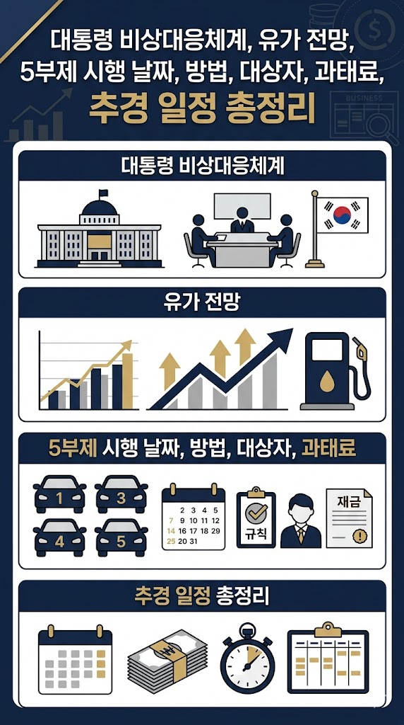 이 대통령 비상대응체계, 유가 전망, 5부제 시행 날짜, 방법, 대상자, 과태료, 추경 일정 총정리