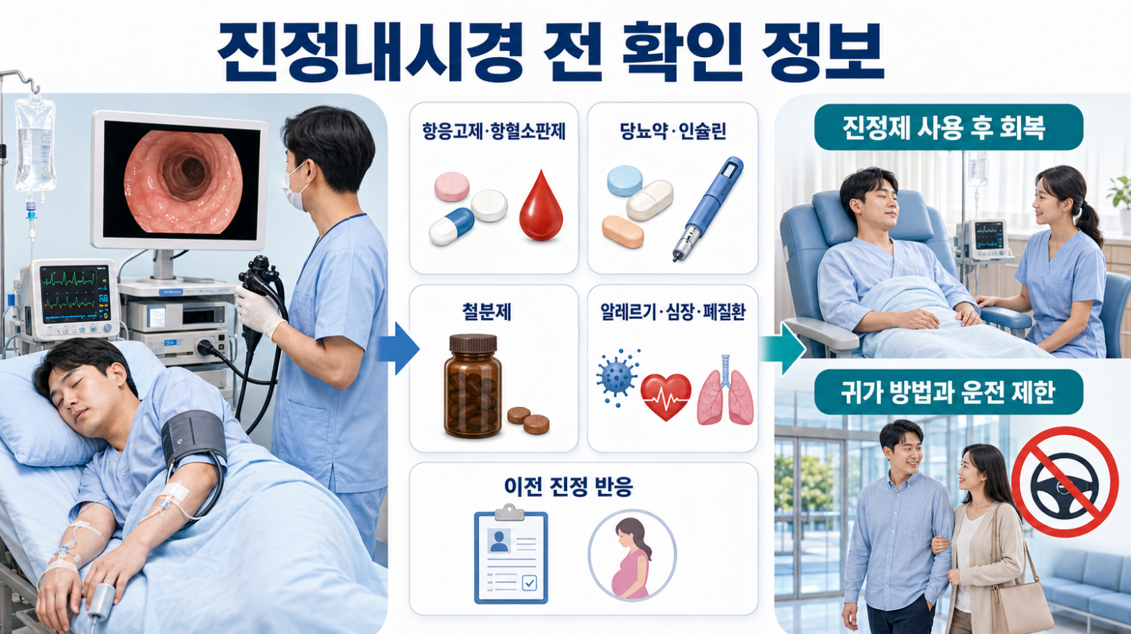 진정내시경 전 복용약과 건강 상태 확인 및 검사 후 회복&middot;귀가 안내