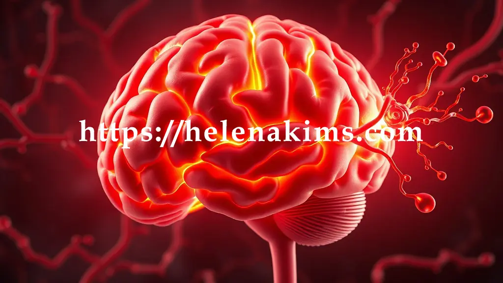 선명하게 빛나는 건강한 뇌혈관이 흐르는 모습과 대조적으로, 일부 혈관이 막히거나(뇌경색) 파열되어(뇌출혈) 손상된 모습.