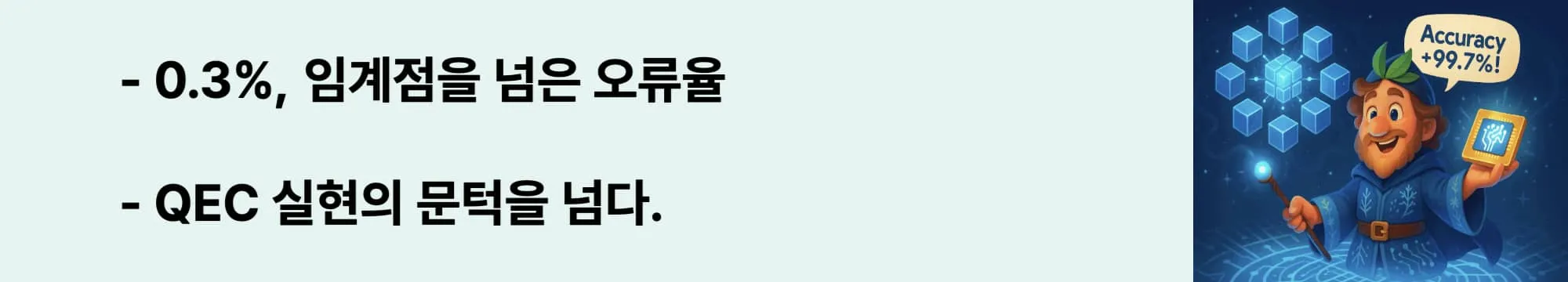 “0.3%, 임계점을 넘은 오류율’이라는 문구가 포함된 웹배너 이미지. 이 이미지는 Willow 칩의 오류율 성과와 양자 오류 정정 기술 적용 기준을 시각적으로 전달하며, 블로그의 양자 게이트 정확도와 QEC 임계 수치 관련 내용을 설명함 (two-qubit error rate, QEC threshold)