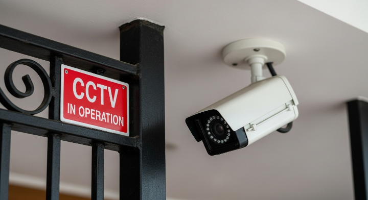 철문 위쪽에 부착된 ‘CCTV 작동 중’ 방범 스티커 클로즈업