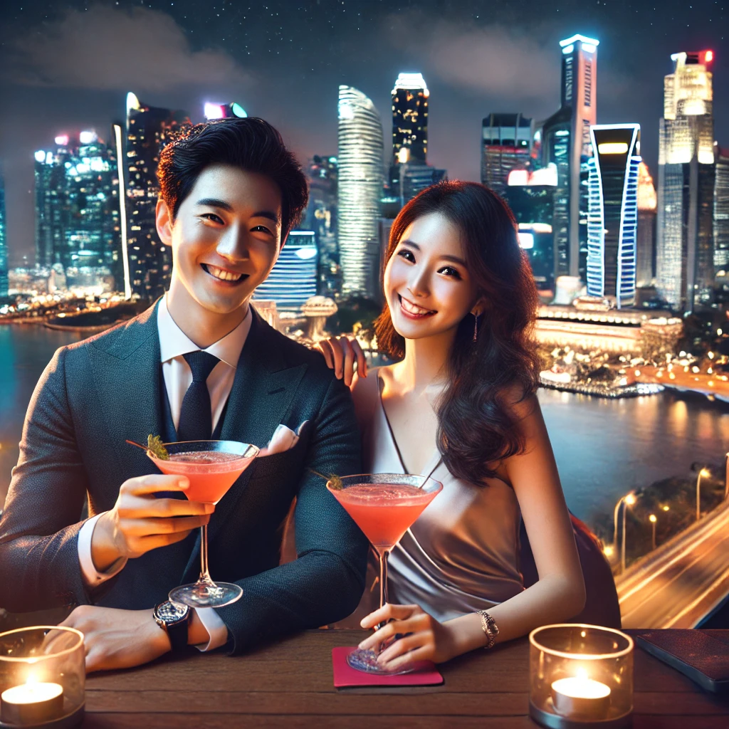 루프탑 바에서 칵테일을 마시는 커플, 마리나베이 야경 배경