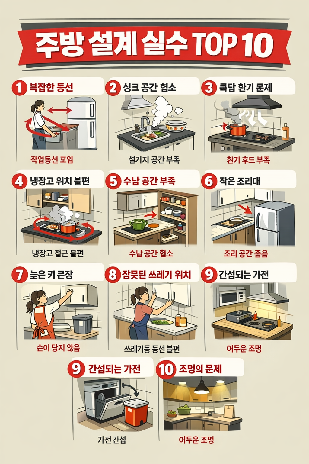 주방 설계 실수 TOP 10 동선 싱크 쿡탑 냉장 수납 계획