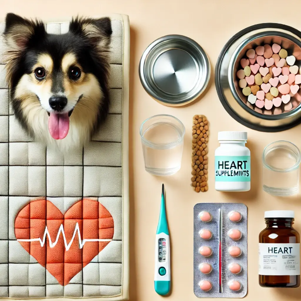 반려견 열사병과 심장 건강 관리를 위한 쿨링 매트, 물그릇, 심장 건강 보조제, 체온계가 정돈된 스튜디오 컷