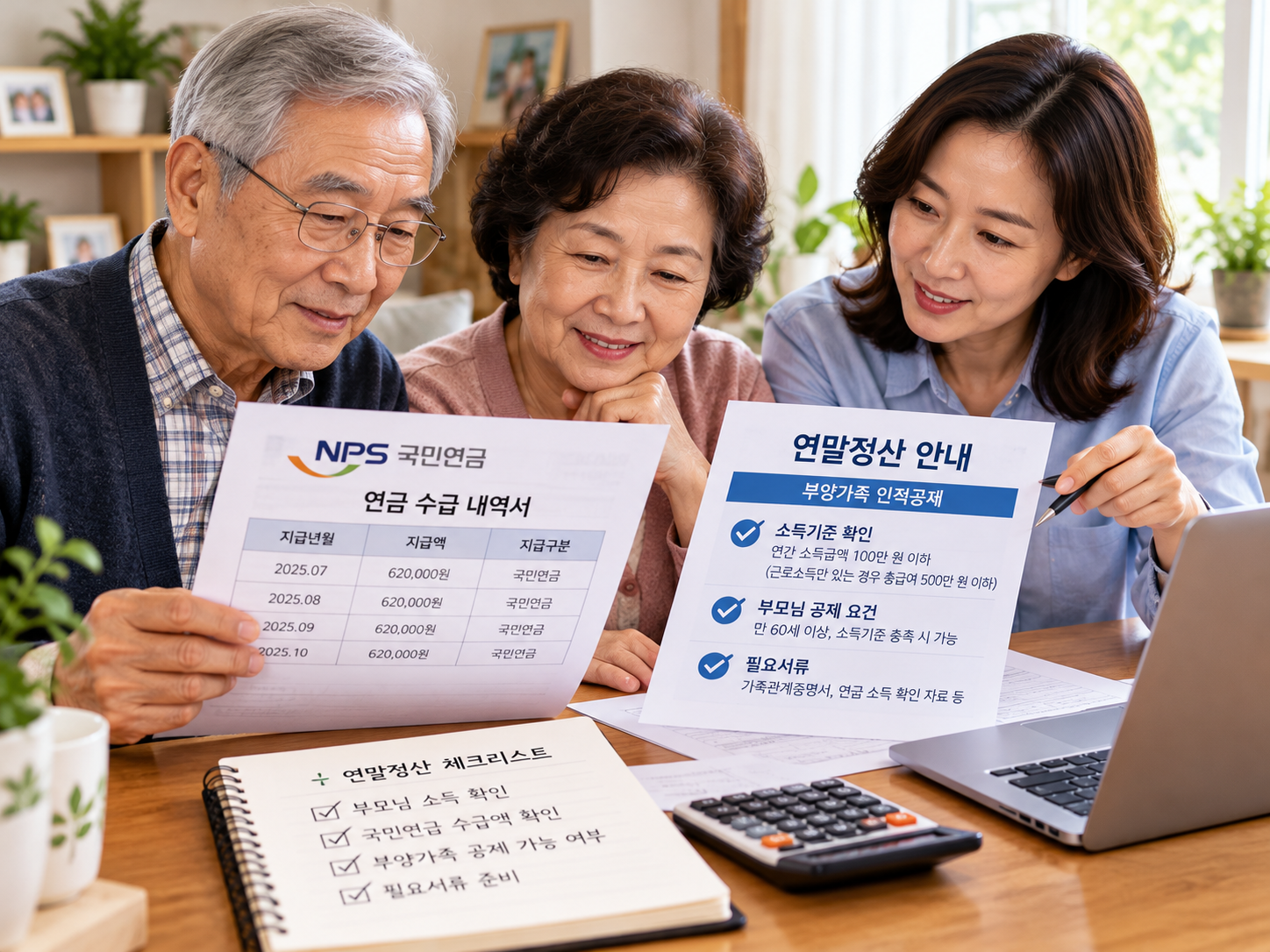 집에서 국민연금 수급 내역과 연말정산 안내문을 함께 확인하는 60~70대 부모님과 성인 자녀