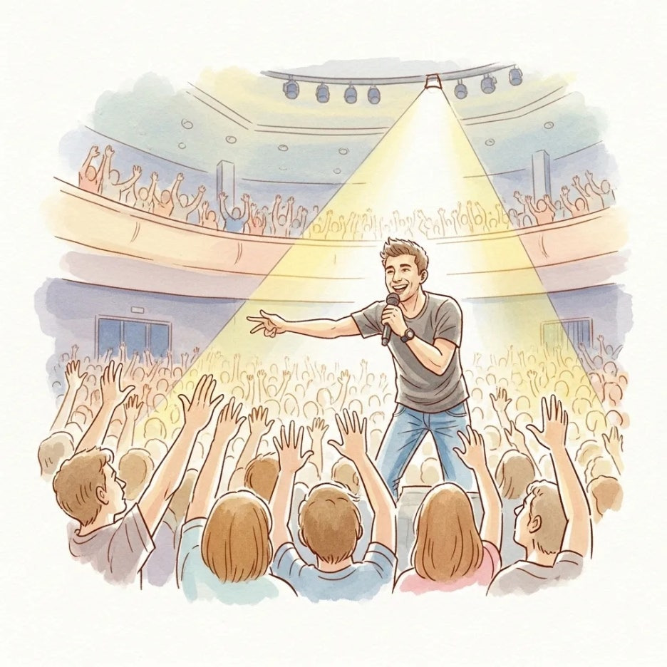 콘서트장에서 팬들과 호흡하는 가수와 관객