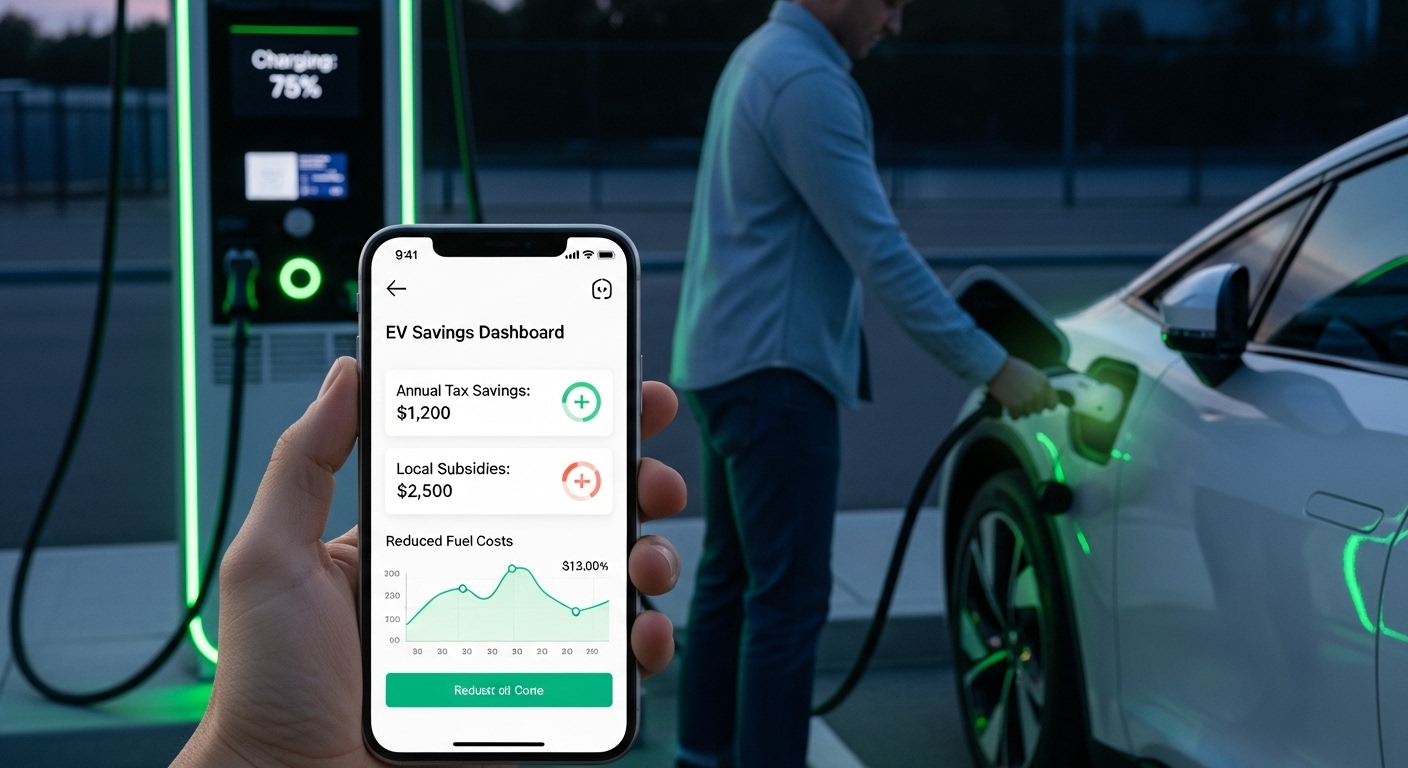 전기차 세금 감면과 지자체 보조금 혜택을 보여주는 스마트폰 화면과 충전 중인 전기차.