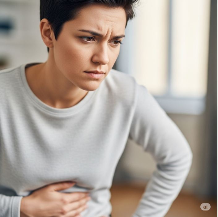 왼쪽 아랫배를 감싸고 있는 한 사람의 모습. 찡그린 표정으로 고통스럽기보다는, 원인을 생각하며 심각하게 고민하는 듯한 표정을 짓고 있다.