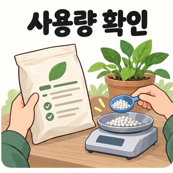 비료의 표시사항과 사용량을 확인하며 계량하는 그림