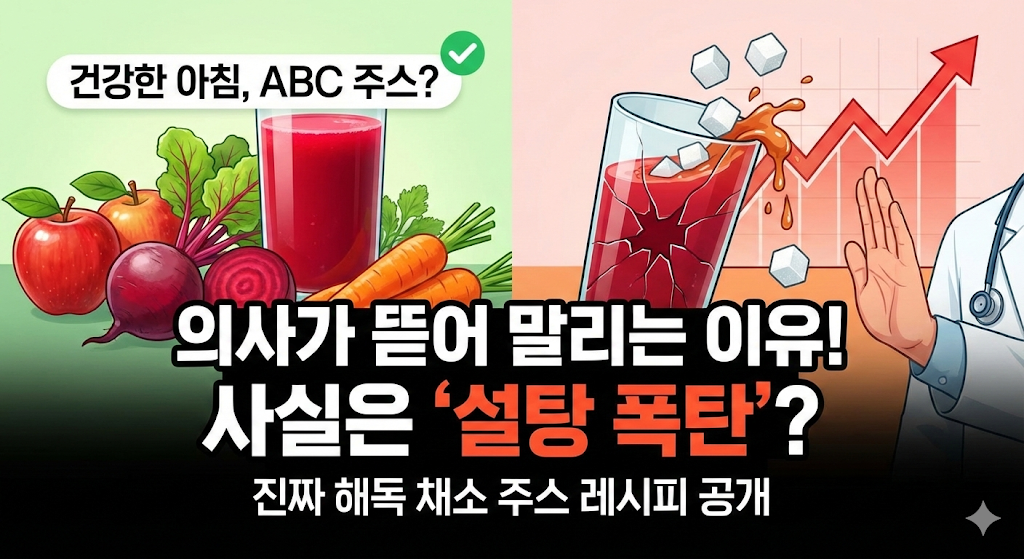 "왼쪽에는 사과, 비트, 당근과 함께 놓인 ABC 쥬스 이미지가 있고, 오른쪽에는 의사가 손사래를 치며 제지하는 모습과 설탕 덩어리가 빠지는 주스 컵, 상승하는 혈당 그래프가 대비되어 있다. 중앙에는 '의사가 뜯어 말리는 이유! 사실은 설탕 폭탄? 진짜 해독 채소 주스 레시피 공개'라는 문구가 적힌 블로그 썸네일."