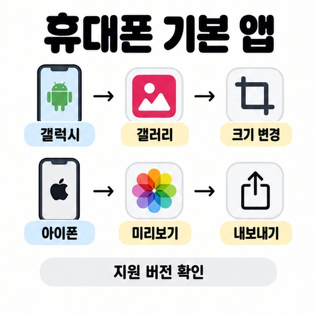 갤럭시의 갤러리와 크기 변경, 아이폰의 미리보기와 내보내기 경로를 지원 버전 확인 문구와 함께 보여주는 이미지