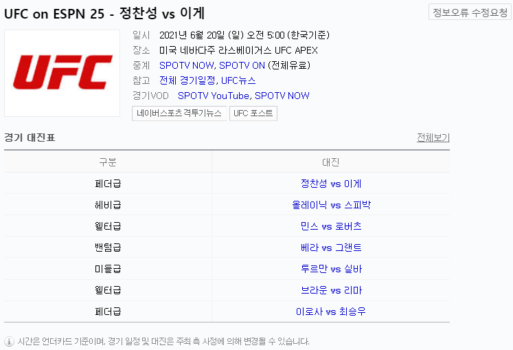 UFC-on-ESPN-25-경기-일정