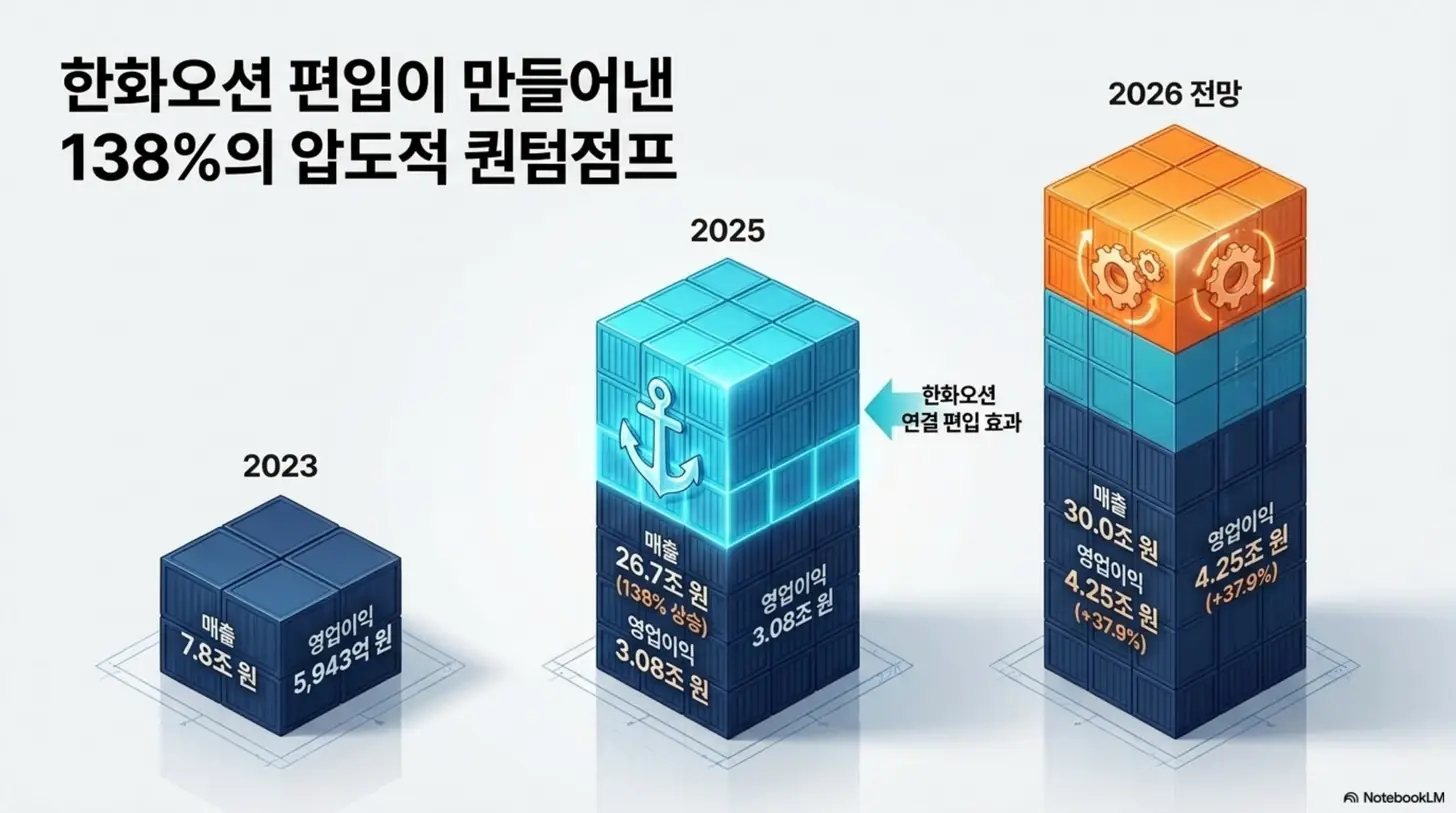 한화에어로스페이스 주가 전망: 한화에어로스페이스 매출이 한화오션 편입 효과로 2023년 7.8조 원에서 2025년 26.7조 원으로 138% 급증한 흐름을 컨테이너 막대 그래픽으로 표현한 인포그래픽. 2026년 매출 30조 원과 영업이익 4.25조 원 전망을 함께 보여주며, 한화에어로스페이스 실적과 재무 추이를 설명함