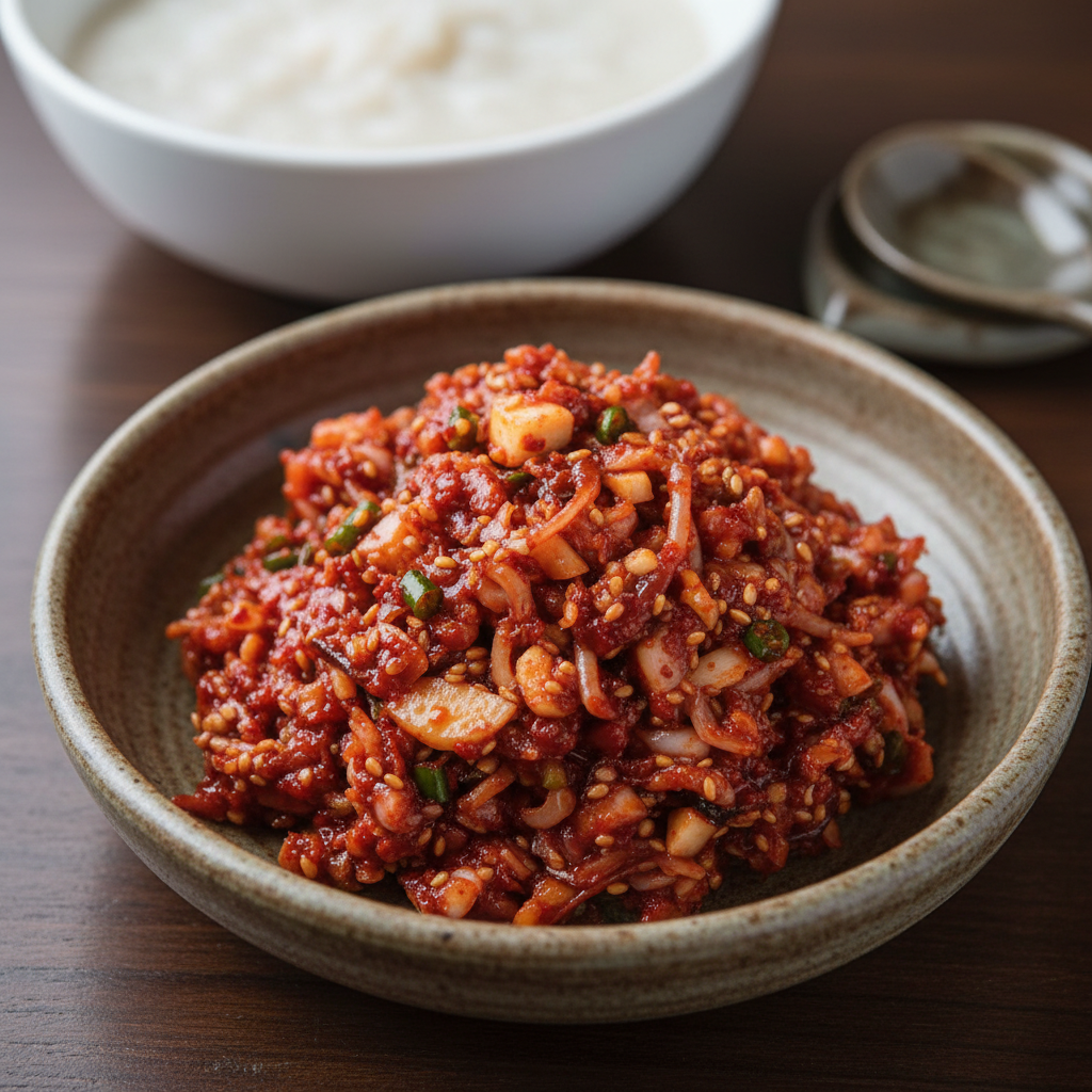 갓 만들어진 통깨 솔솔 오징어젓갈 쌈무 무침