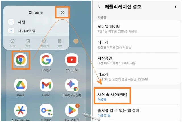 크롬 애플리케이션 정보ⓘ - 사진 속 사진(PIP)을 '허용됨'으로 활성화합니다.
