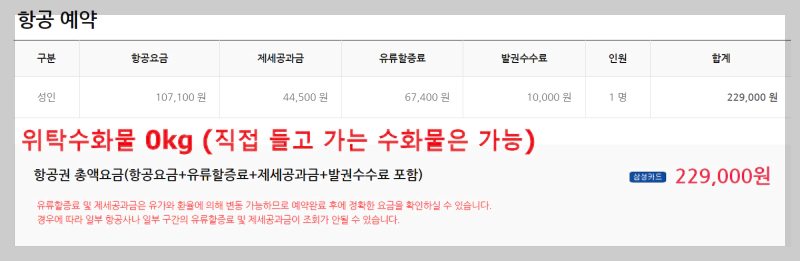 회색 테두리에 항공예약에 관련된 내용이 적혀있다.