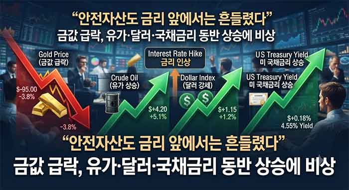 금값 급락과 유가&middot;달러&middot;국채금리 상승을 나타낸 금융 뉴스 그래픽.
