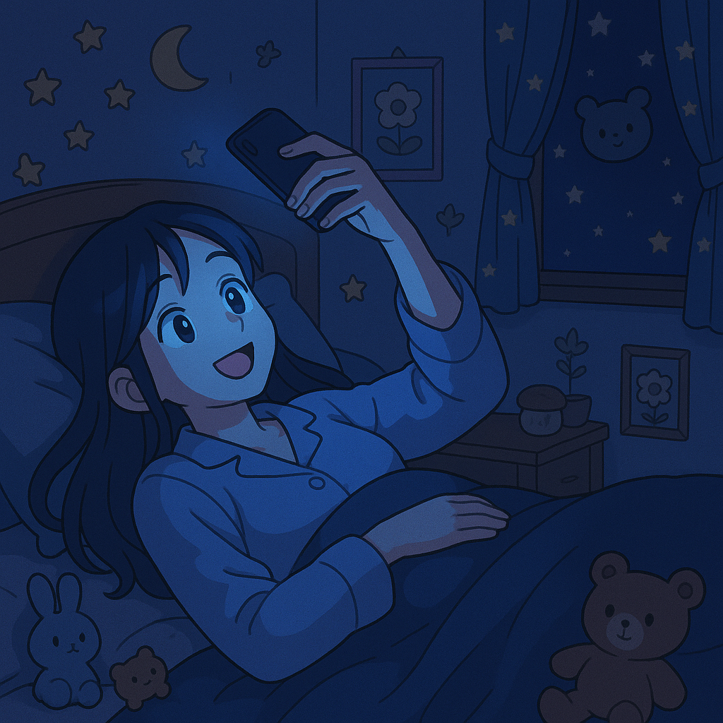 침대에 누워 스마트폰을 보는 여성의 얼굴에 블루라이트가 비치는 모습, 블루라이트 차단 성분이 포함된 자외선 차단제 필요성을 설명하는 삽화