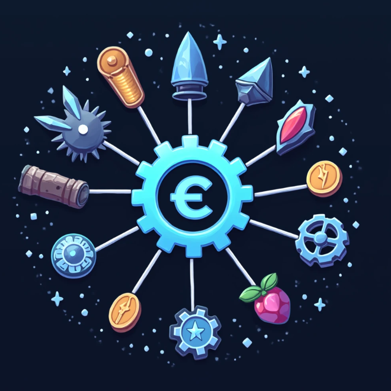 엔진코인 로고와 함께 다양한 게임 아이템들이 연결된 네트워크를 표현한 그래픽