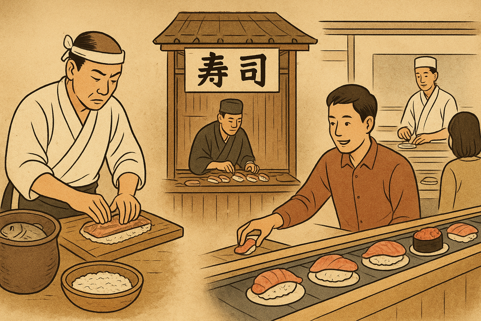 전통 발효 초밥을 만드는 장인, 에도 시대 노점, 현대 회전초밥 장면을 담은 삽화.