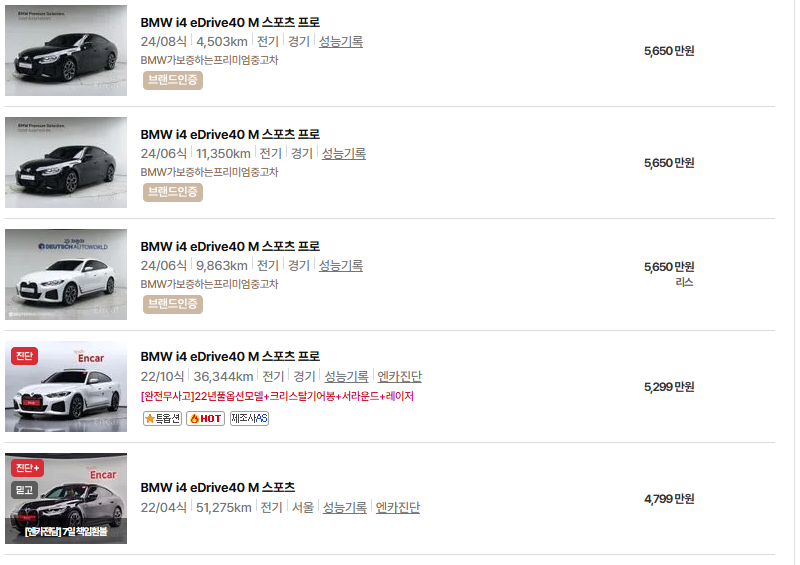 bmw i4 중고차 가격 시세표 유지비