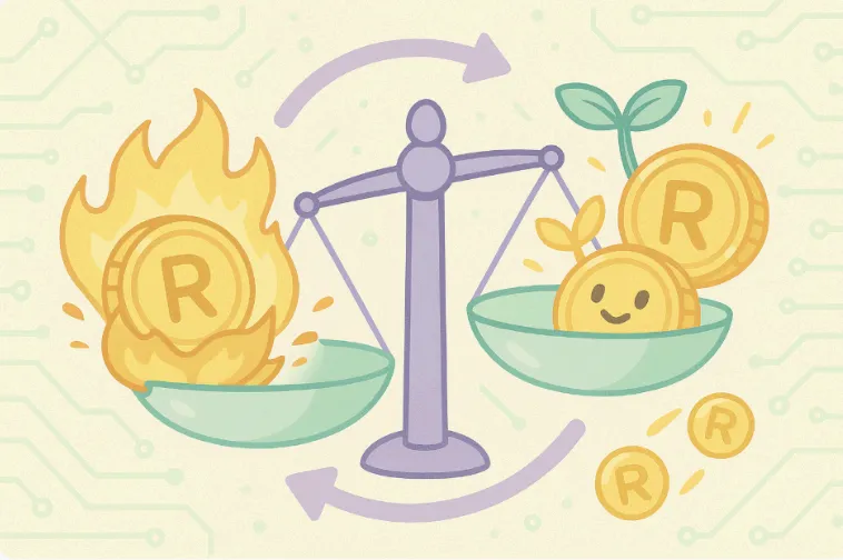 RENDER 토큰의 Burn & Mint Equilibrium 구조를 시각화한 일러스트.
왼쪽 저울에는 불꽃 속에서 소각되는 R 마크 토큰이, 오른쪽에는 새싹이 돋고 웃고 있는 토큰이 발행되는 장면이 표현되어 있음.
중앙 저울은 균형을 유지하고 있으며, 이는 Render Network의 유통량 제어 메커니즘을 감성적이고 직관적으로 보여줌 (Render tokenomics, Burn and Mint, supply balance, Web3 illustration)