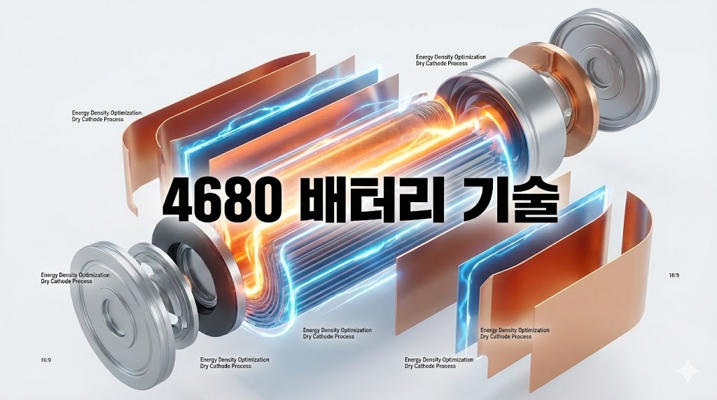 테슬라 4680 배터리 셀의 내부 구조와 건식 전극 기술 인포그래픽