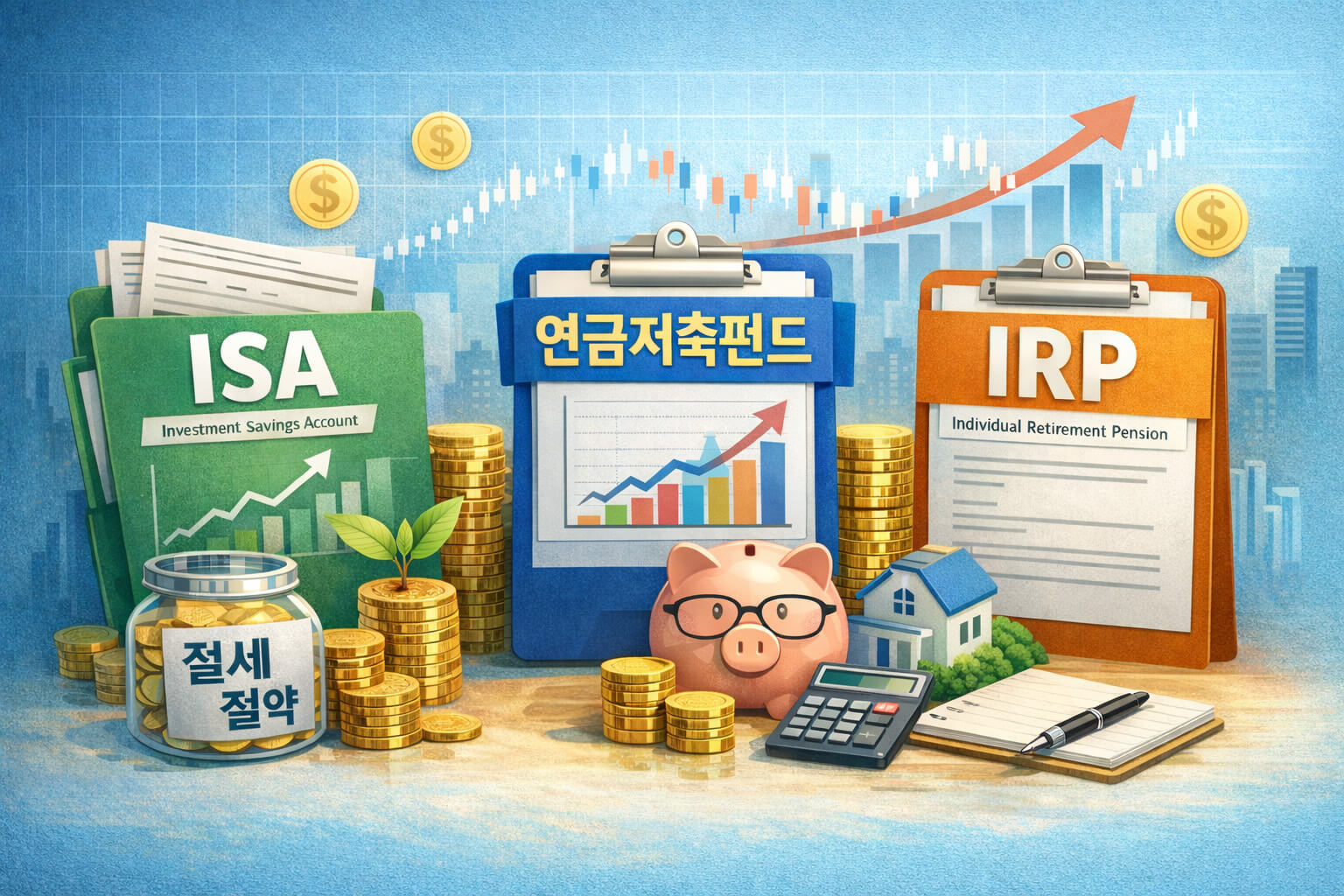 ISA 연금저축펀드 IRP 계좌를 비교하며 절세와 장기투자 전략을 설명하는 금융 안내 이미지