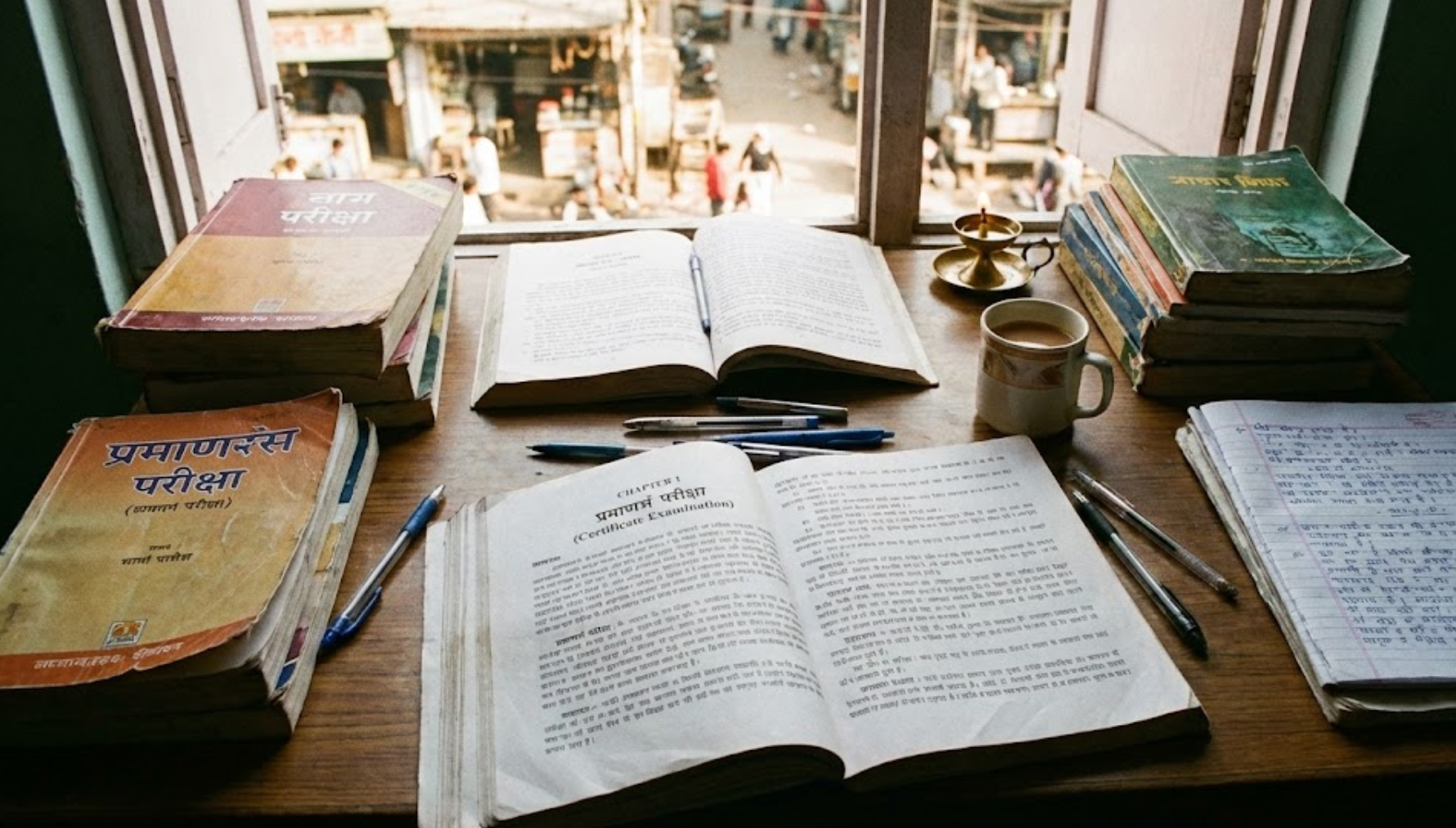 창문으로 보이는 인도와 힌디교과서