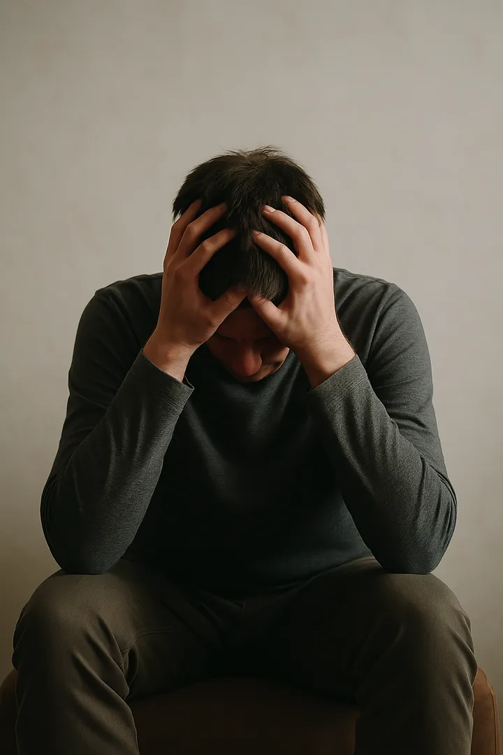 고개를 숙인 남성의 좌절한 모습