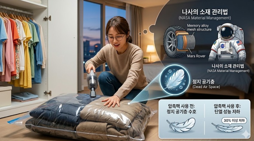 봄/여름 맞이 옷장 정리 중, 진공 압축팩을 사용하여 두꺼운 겨울 패딩의 부피를 줄이는 여성의 모습. 압축 시 발생하는 '정지 공기층(Dead Air Space)' 손실 원리와 이를 방지하는 과학적인 의류 보관법을 설명하는 정보성 이미지