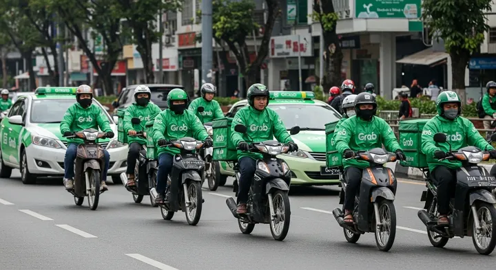 동남아 도로에서 Grab 유니폼을 입고 운행 중인 오토바이 및 차량 기사들&amp;#44; 차량 호출과 배달 서비스 현장 모습