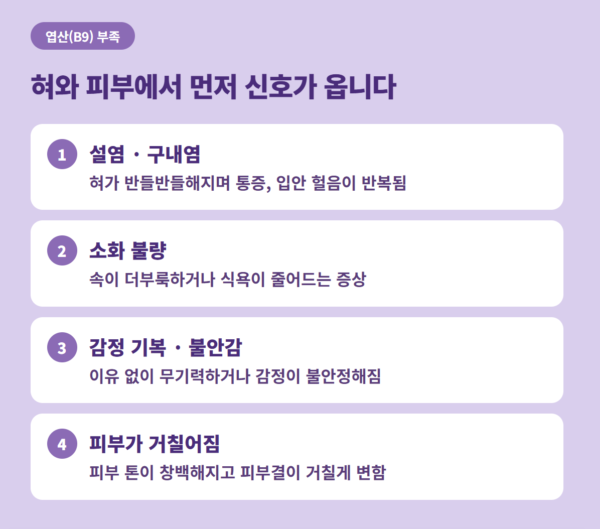 엽산 B9 부족 시 나타나는 설염, 구내염, 소화불량, 감정 기복 등 신체 신호