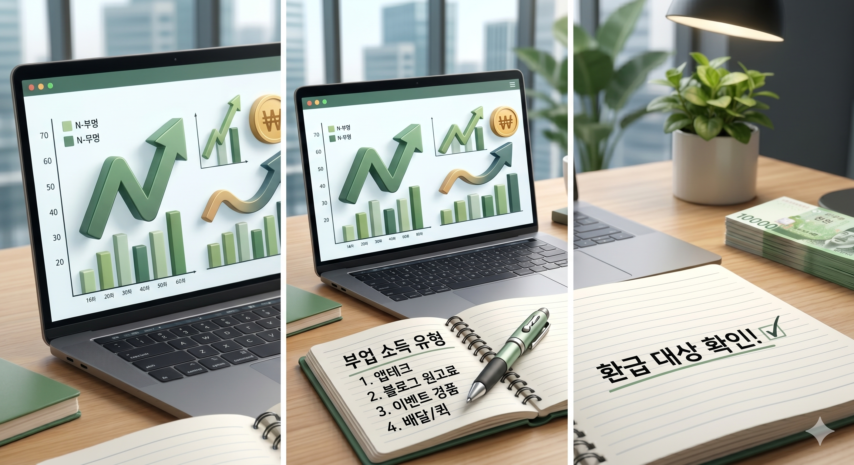 노트북 화면에 표시된 수익 상승 그래프와 그 앞에 놓인 노트. 노트에는 '부업 소득 유형'으로 앱테크, 블로그 원고료, 이벤트 경품, 배달 등이 적혀 있고 '환급 대상 확인' 문구가 강조된 모습.