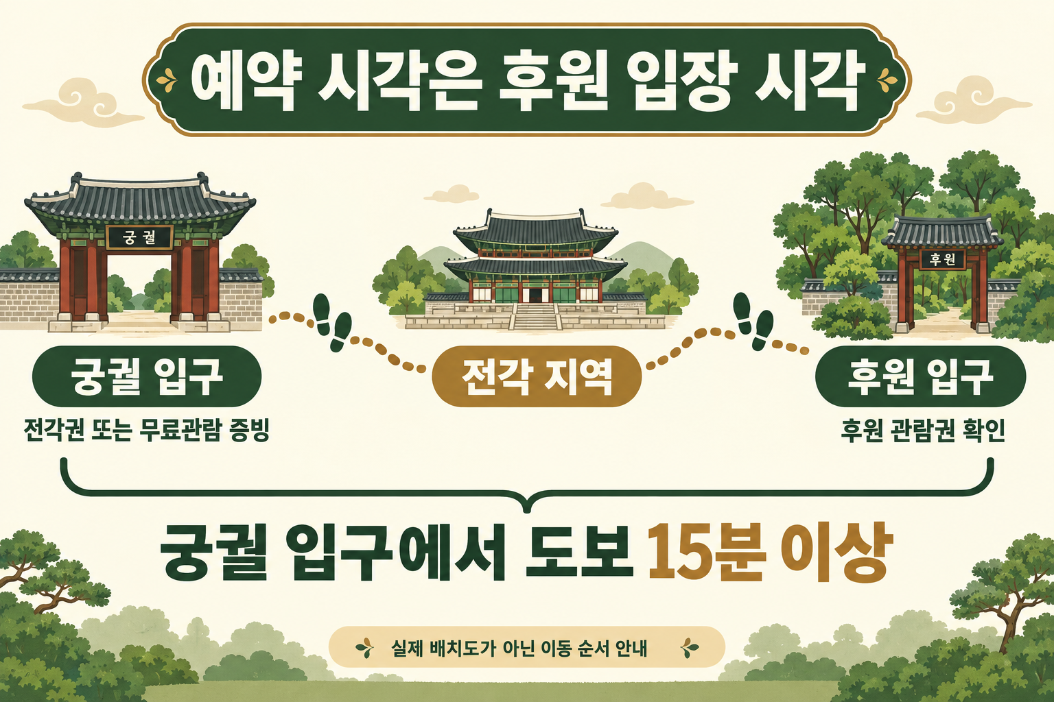 궁궐 입구에서 전각 지역을 지나 후원 입구로 가는 순서