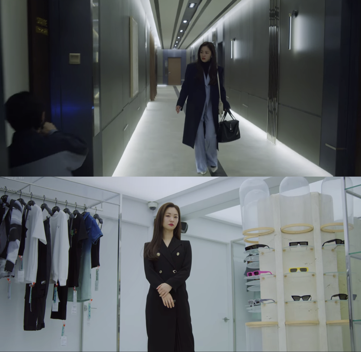 하늘색 정장과 검정 원피스를 입은 전여빈