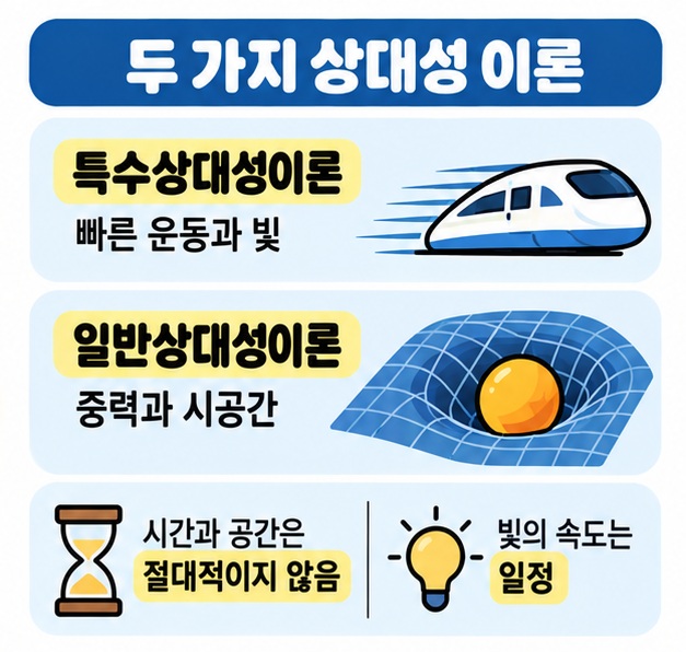 특수상대성이론과 일반상대성이론의 차이, 빛의 속도와 시간 공간의 관계를 비교한 카드
