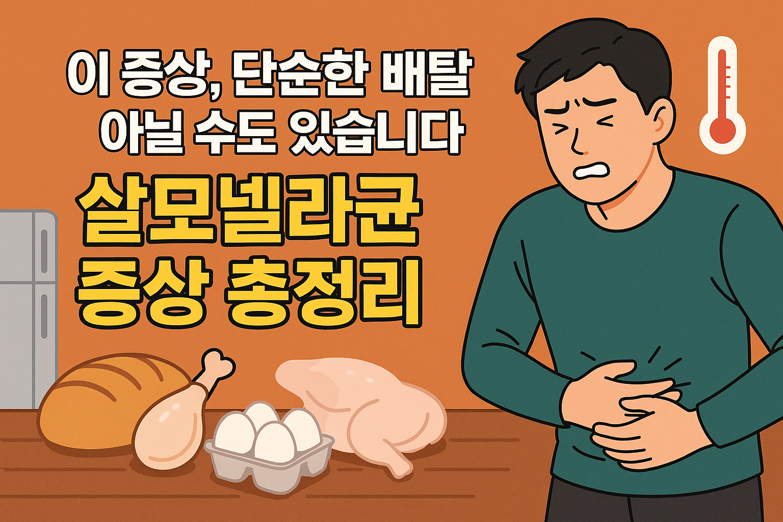 복통을 호소하는 한국인 남성이 살모넬라균 감염 증상을 겪고 있으며, 옆에는 원인 음식으로 추정되는 빵, 달걀, 생닭이 놓여 있고 체온계를 통해 고열을 표현한 건강 경고 일러스트 이미지