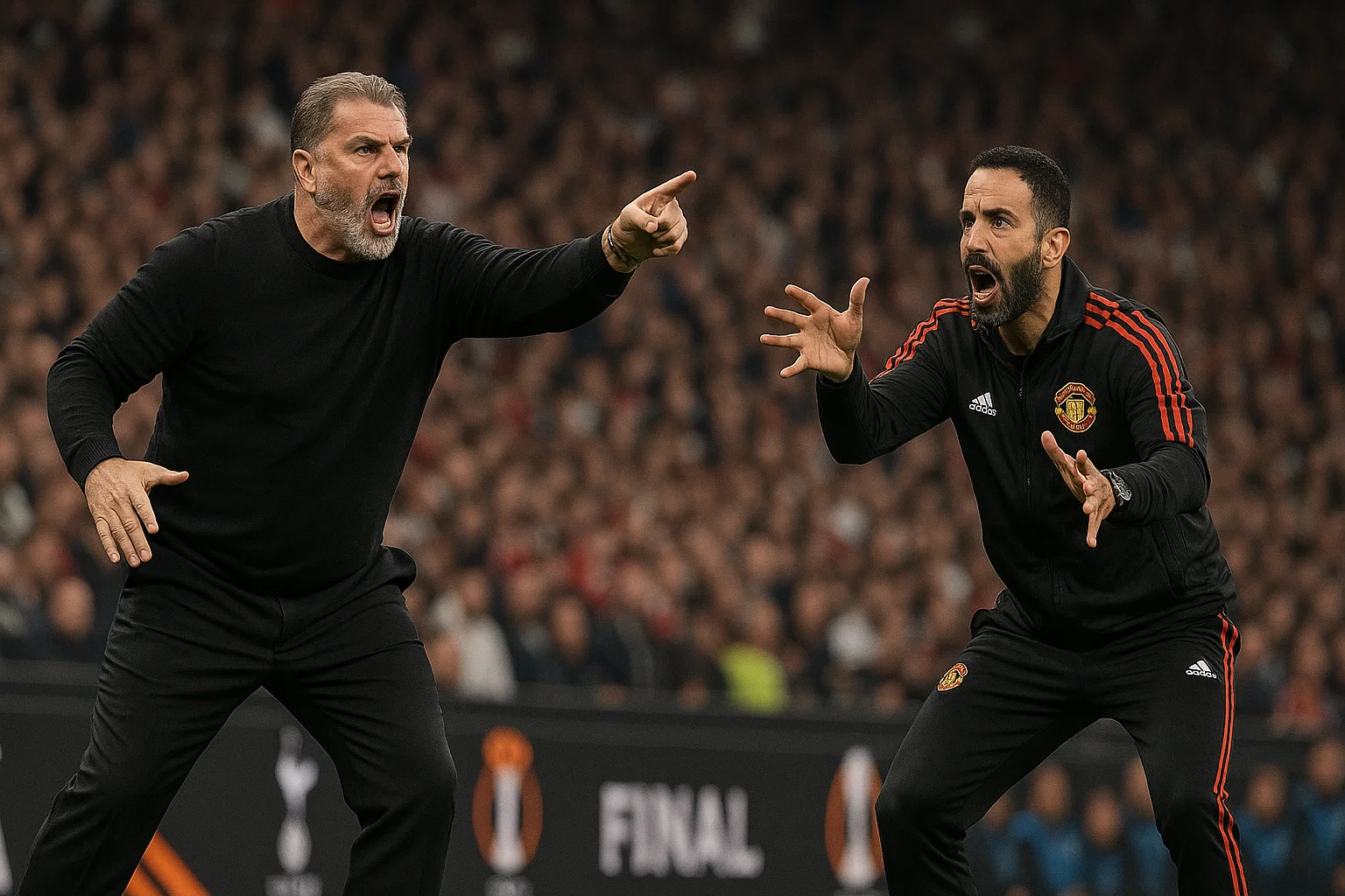 포스테코글루와 아모림 감독이 벤치에서 지시하는 모습