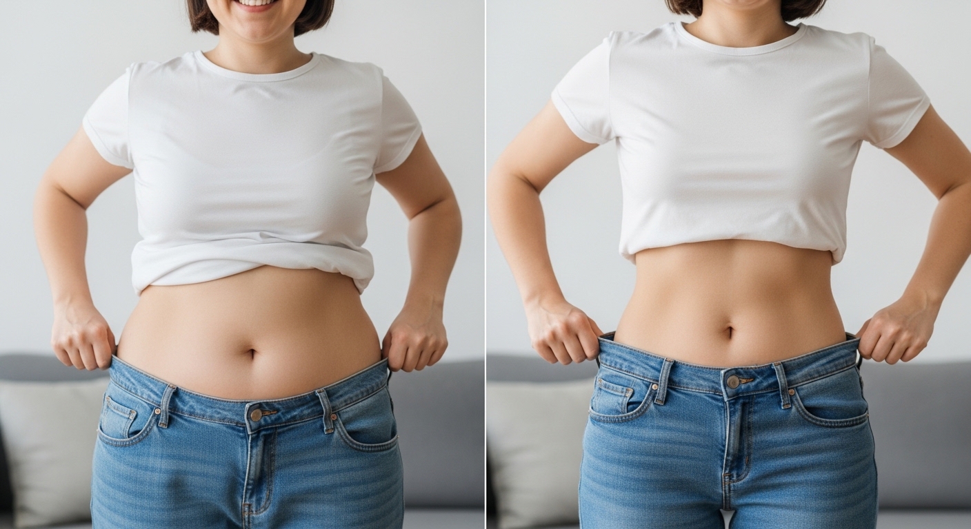 다이어트 전후 헐렁해진 바지 허리춤을 보여주며 기뻐하는 모습