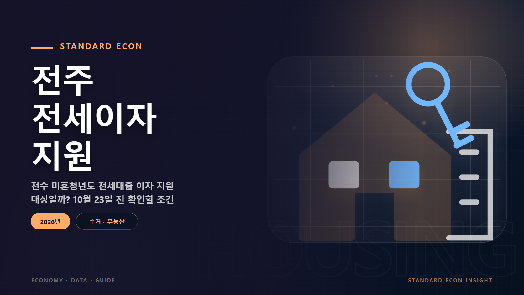 전주 전세이자 지원 문구와 주택과 도시 건물, 열쇠 그래픽 요소를 담은 주거 &middot; 부동산 경제 콘텐츠 대표 이미지