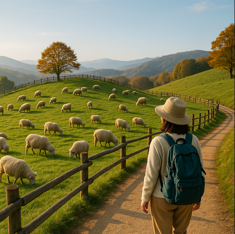 양떼목장에서 중년여성 사진
