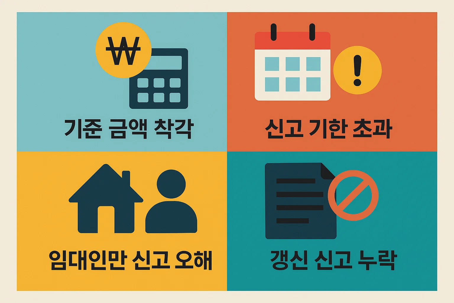 신고 기한 초과, 금액 착각, 임대인만 신고하는 오해 등 전월세 신고 시 자주 발생하는 실수 사례를 정리한 예방 가이드 인포그래픽.