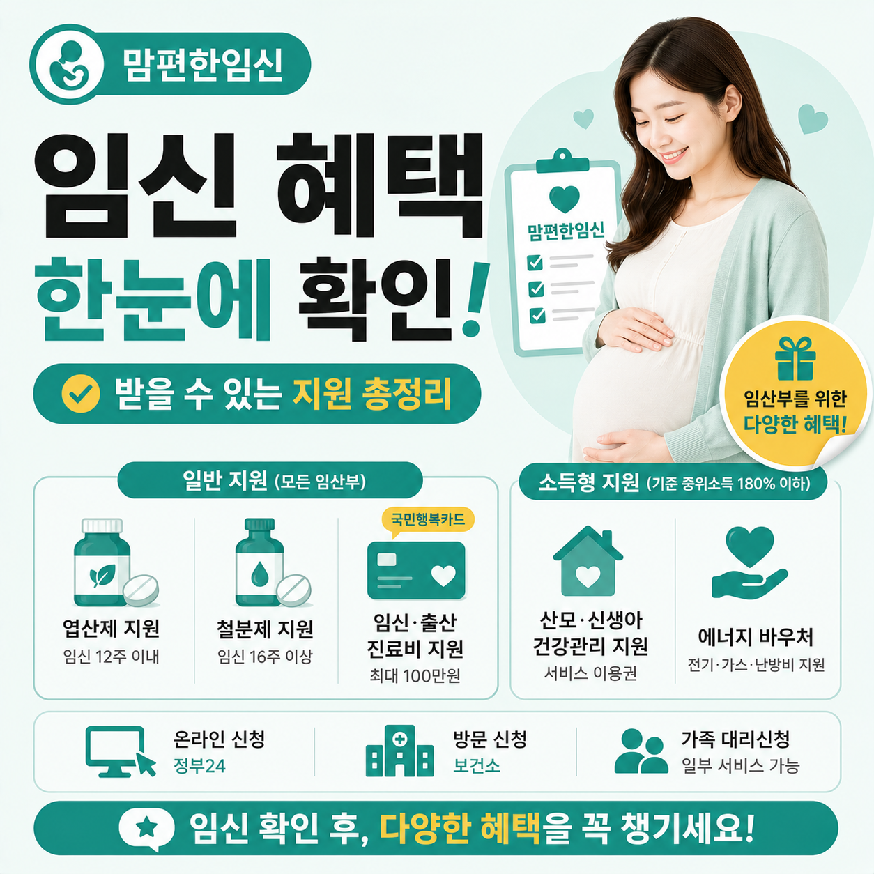 맘편한임신 혜택 항목을 확인하는 임산부 이미지