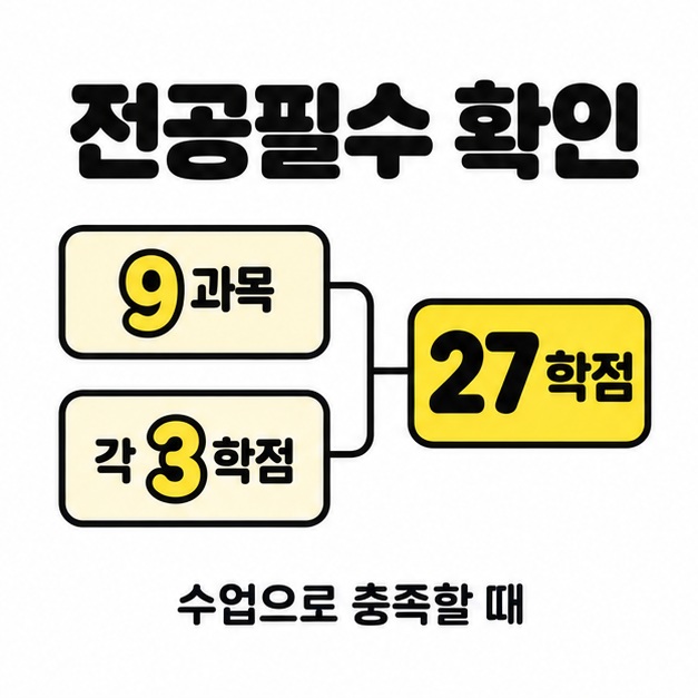 수업으로 전공필수를 충족할 때 9과목과 각 3학점이 27학점으로 연결되는 도식