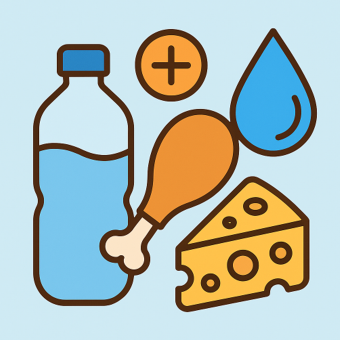 단백질 식품과 물방울, 전해질 아이콘을 결합한 수분 밸런스 상징 일러스트