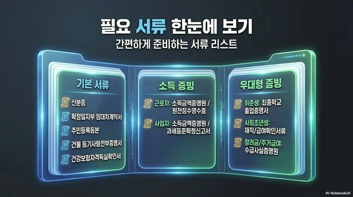 주거안정월세대출 신청 시 필요한 서류를 기본 서류와 소득 증빙 그리고 우대형 증빙 세 가지로 분류해 정리한 체크리스트 이미지. 신분증과 확정일자부 임대차계약서 등 기본 서류부터 소득금액증명원과 우대형별 추가 서류까지 한눈에 보여주는 안내 이미지