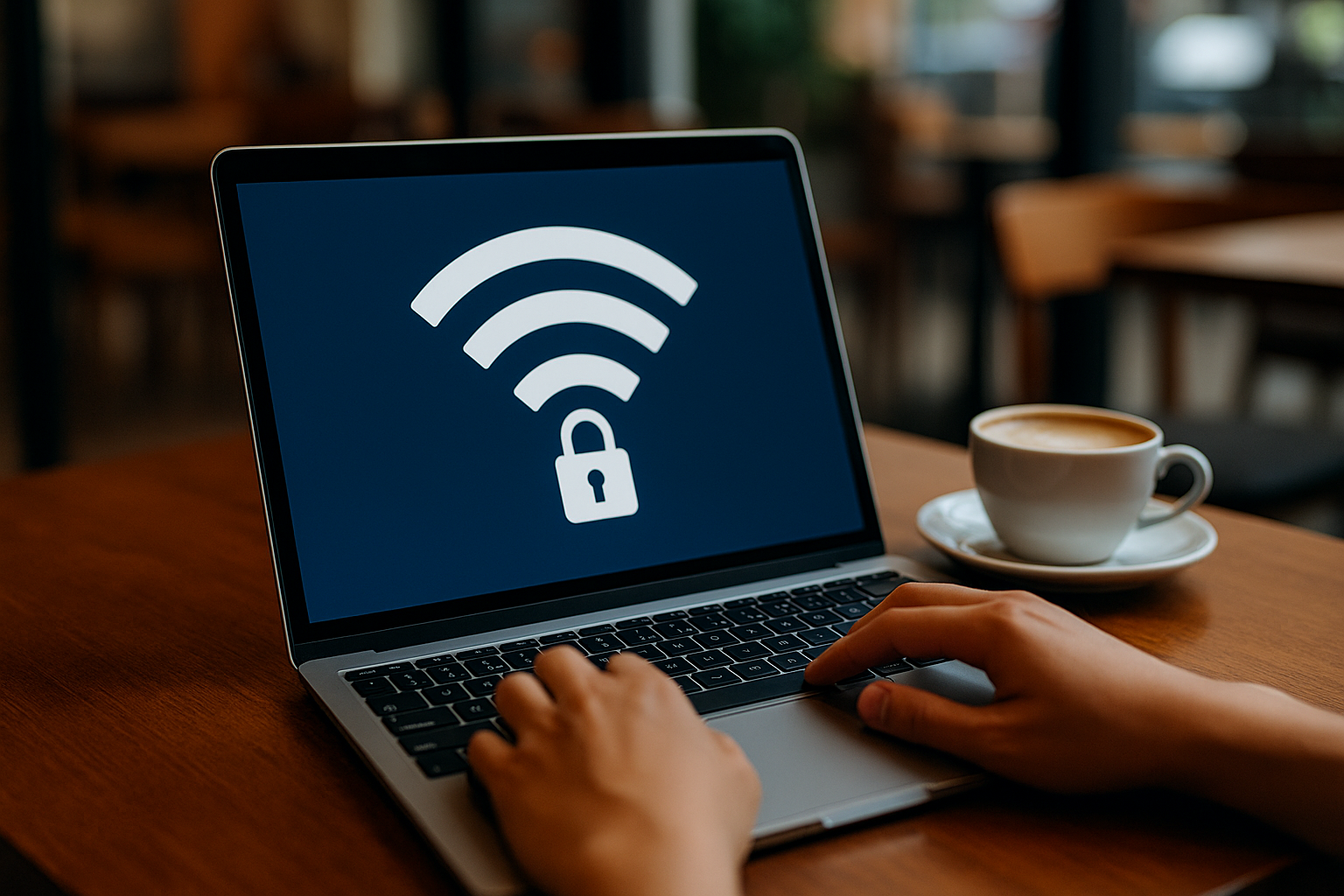카페에서 노트북으로 공공 와이파이를 사용하는 손 – 화면의 와이파이 아이콘과 자물쇠