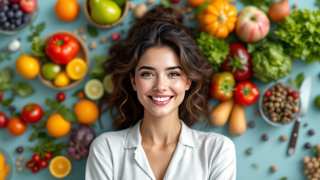 A woman is with healthy food.